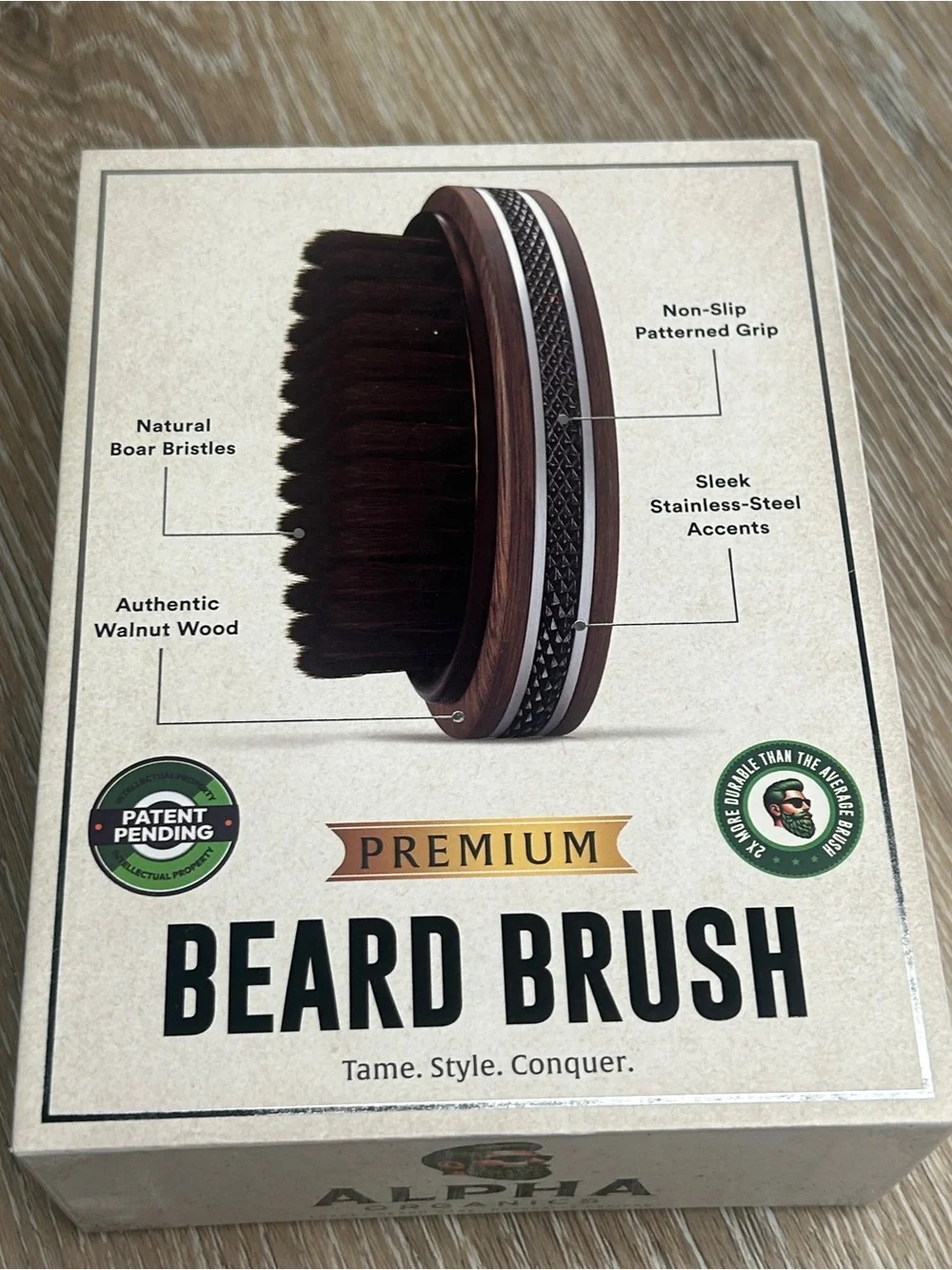 Alpha Organics Premium Beard Brush | Natural Boar Bristle & Walnut Wood NIB